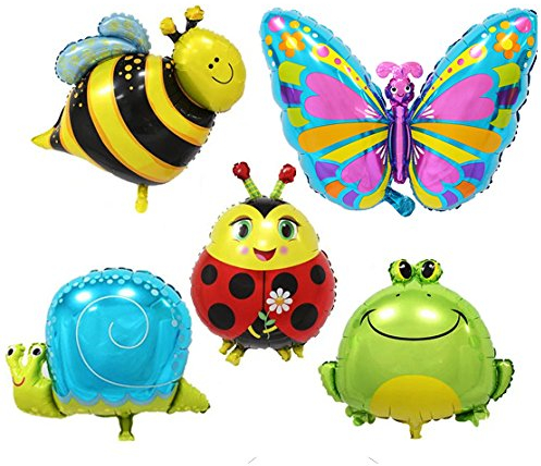 Miya 5er set super Süß Insekt Tierchen Luftballon, Schmettering, Marienkäfer, Schnecke, Biene, Frosch Folienballon,