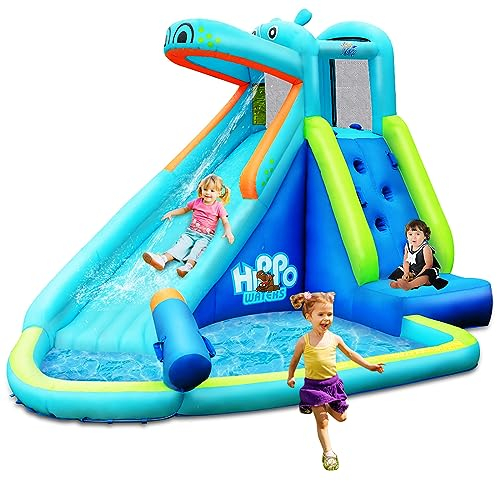 COSTWAY Hüpfburg aufblasbar, Wasserrutsche Aufblasbare Spielpool, Wasserspielcenter mit Rutsche, Wasserpark Planschbecken 350x300x225cm