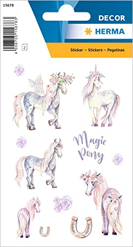 HERMA 15678 Aufkleber Pferde Einhorn Glitzer klein, 24 Stück, Tiere Sticker mit Pony Hufeisen Motiv, Kinder Etiketten für Fotoalbum Tagebuch Poesiealbum Scrapbooking Geburtstag Dekoration DIY Basteln