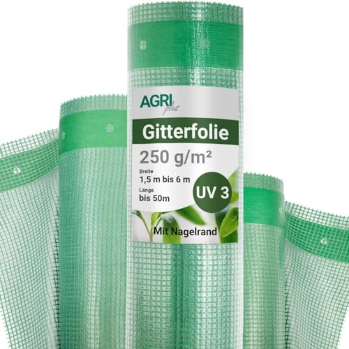 AGRI plus Gitterfolie 1,5 x 7 m I Stabile 250 g/m² Gewebeplane mit Nagelrand I Transparente & reißfeste Gartenfolie für langfristige Abdeckungen I Wetterfest & 3 Jahre UV-beständig