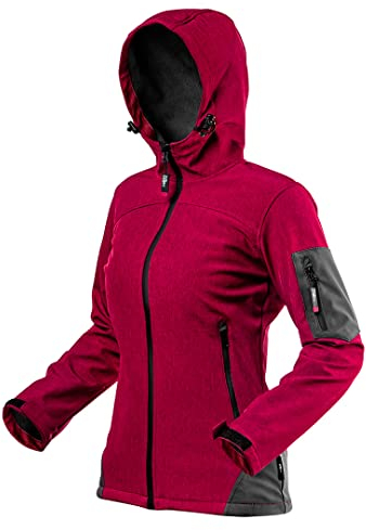NEO TOOLS Damen Arbeits-Softshelljacke mit Kapuze, 96% Polyester, 4% Elasthan, Gr. S-XXL, winddicht, wasserabweisend (8000 mm), atmungsaktiv (1000 g/m2), wasserdichte Reißverschlüsse