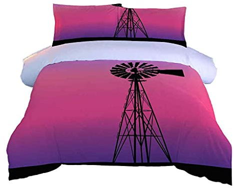 QZDUCN Housse De Couette 260x240cm 2 Personnes Motif Moulin À Vent Rose Housse Couette 3D Douce avec Fermeture Éclair Microfibre avec 2 Taies d'oreiller Parure De Lit pour Adulte Filles Garçon