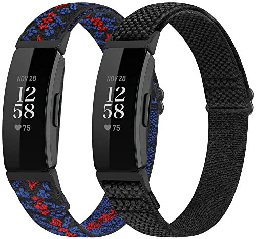 SHIJZWD Verstellbares elastisches Uhrenarmband Kompatibel mit Fitbit Inspire 2/Fitbit Inspire/Inspire HR, Weiches Atmungsaktives Nylon Sportband Dehnbares Ersatzarmband Damen Herren, 2 Packungen,