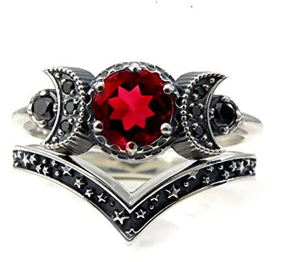 Hecate Triple Moon Ring Set, Amethyst oder Roter Kristall Engagement Hochzeit Schwarzer Ring für Frauen Mondgöttin Schmuck Boho Gothic Jubiläumsgeschenk (9, A)