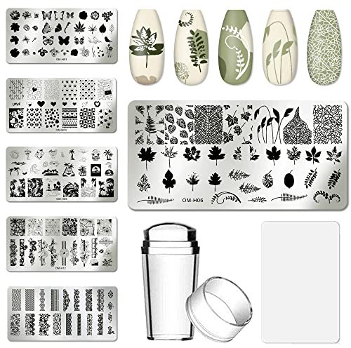 AddFavor Nail Art Stamper Kit 6pcs Flower Heart Leaf Lace Butterfly Stamping Plate Template with Silicone Nail Stamper and Scraper for Women Girls DIY Fingernail Manicure Stencils Tools