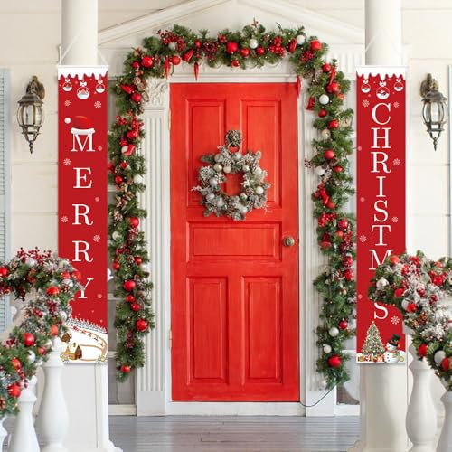 MEHOFOND 30 x 180 cm Frohe Weihnachten Banner Neujahr Outdoor Indoor Weihnachten Türdekoration Weihnachtsbaum Schneemann Schneeflocke Winter Veranda Schild zum Aufhängen Wand Party Requisiten