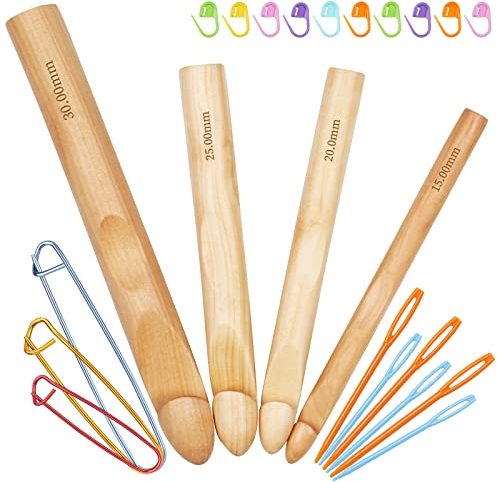 Aeelike Häkelnadel Groß Größe 15mm 20mm 25mm 30mm Holz Häkelnadeln mit Häkeln Zubehör, Ergonomische Riesig Häkelnadel-Set für Decken, Teppiche, Große Häkelprojekte, Groß Robust Häkelnadeln