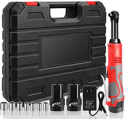 GYZJ - Llave de carraca inalámbrica, juego de llaves de carraca eléctricas de 18 V 3/8, 400 RPM de alimentación con 2 baterías de iones de litio de 2000 mAh, 7 enchufes y cargador