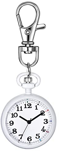 JewelryWe Karabineruhr Taschenuhr mit Karabiner Schlüsselanhänger FOB Clip-on Quarzuhr Analog Uhr für Ärzte Krankenschwestern Sanitäter Köche Sport Unisex Weiß