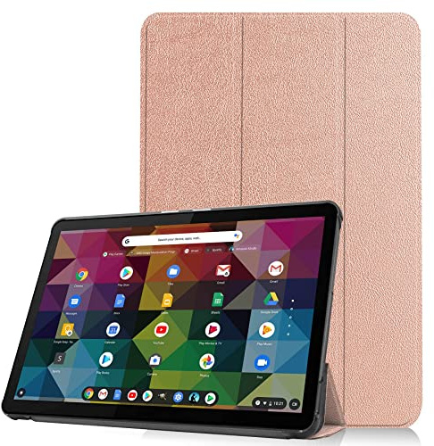 INSOLKIDON Kompatibel mit Lenovo chromebook Duet 10.1 inch Hülle Lederrückseitige Abdeckung Case Bumper Ganzkörperschutz Leder Schutzhülle Tablet Halter Shell (Roségold)