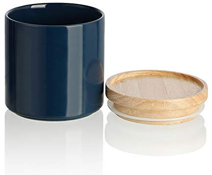 Sweejar Kitchen Canisters Ceramic Food Storage Jar, Stackable Containers with Airtight Seal Wooden Lid for Serving Ground Coffee, Tea, Sugar, Salt and More - 16 Fl Oz (Navy New)