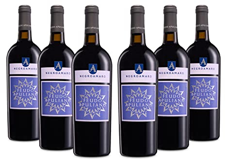 Feudo Apuliano Negroamaro Salento IGP, Vino Rosso dal Gusto Rotondo e Completo, dal Profumo Intenso e Complesso, 14.5% Vol, Confezione con 6 Bottiglie da 750 ml