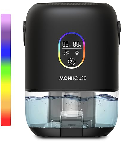 MONHOUSE Luftentfeuchter – 1000 ml – Ultra Leiser Elektrischer Feuchtigkeitsabsorber – 7 Buntes Nachtlicht, 2 Arbeitsmodi, Touchscreen, Feuchtigkeit, Temperaturanzeige – Schwarz