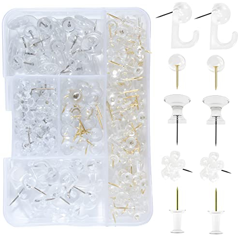 VAPKER 195Pcs Clear Push Pins Set Gold Clear Push Pins Karte Tacks Runde Pins Große Daumen Tacks Haken Pushpin Flache Blume Daumen Tacks 5 Stile für Kork Bulletin Board
