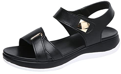 Sandales larges pour femme - Légères et orthopédiques - Chaussures d'été confortables et plates - Élégantes - Fermeture - Sandales d'été - Pieds nus - Sandales de trekking noires, Noir , 38