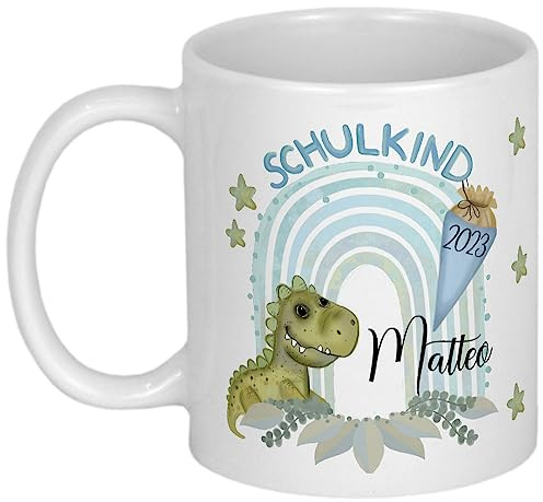 My Sweetheart® Einschulung Junge Schulkind Tasse personalisiert Schulanfang Geschenke Jungen Einschulungsgeschenke Schulstart Inhalt Schultüte Geschenkidee (Regenbogen Dino)
