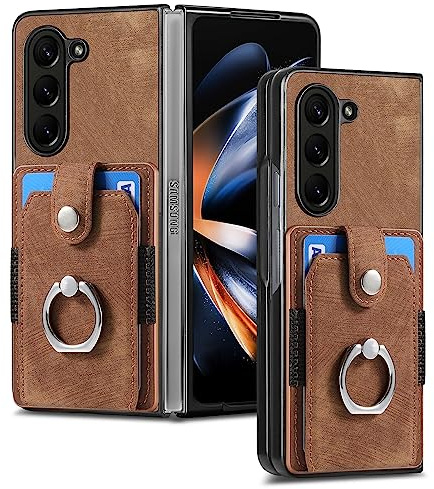 Magic Case Hülle für Samsung Z Fold 5 PU Leder Magnetisch Backcover Handyhülle Bumper Case with 360 Degree Ring Stand Bumper Shockproof Protective Magnetic Car Holder Case Hülle Tasche - Braun