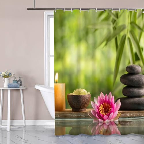 Uiiooazy Rideau Douche Bambou, Rideau de Douche Anti Moisissure 180x180cm Pierre Gris Spa Lotus Rose Rideaux de Baignoire Tissu Lavable Imperméable Polyester Rideaux Salle de Bain avec 12 Crochets