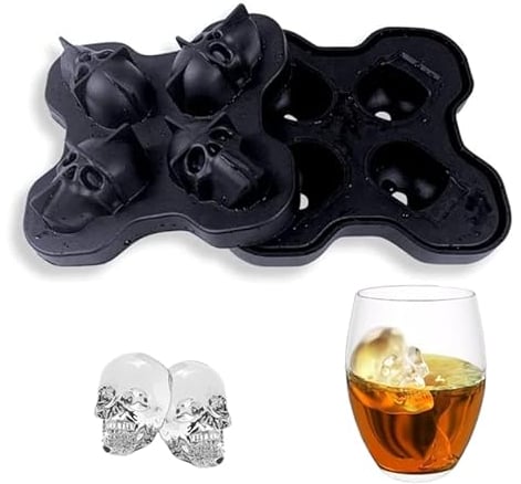 Skull Shape Ice Tray,3D Ice Cube Mould,Food Grade Silicone Ice Cream Mould,Ice Cube Ball Maker for Chilling Whiskey Cocktails (4 Cavity)