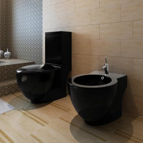 Homgoday Stand-WC & Bidet Set schwarz Keramik