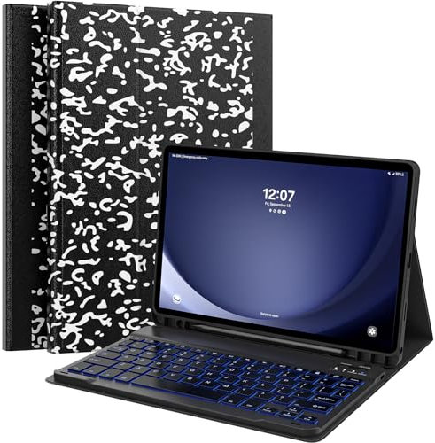 MoKo Funda con Teclado para Samsung Galaxy Tab A9+, Funda Cuero PU Delgada con Ranura para Lápiz y Teclado Desmontable Bluetooth QWERTY Inglés Panel Táctil, Cuaderno Negro