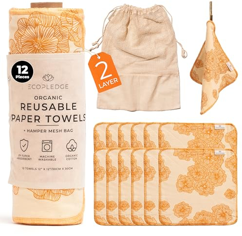 EcoPledge Wiederverwendbare Papierhandtücher, waschbare Rolle, Dicke, zweilagige, Ultra-saugfähige, papierlose, zertifizierte Bio-Baumwolle, großes Küchen-Papiertuch mit Aufhängeschlaufe, 12 Stück