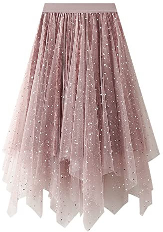 Générique Jupe Tulle Paillette Femme Élégante Irrégulière Longue Hiver Mode Taille Haute A-Ligne Mi-Longue Couleur Unie Party Paillettes Carnaval Costume