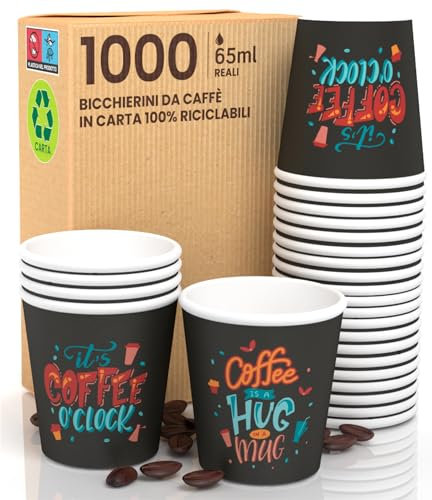 1000 Kaffeebecher aus Papier, 65 ml, Coffee O'Clock, umweltfreundlich, biologisch abbaubar, Einweg, klein, zum Mitnehmen, heiße Getränke