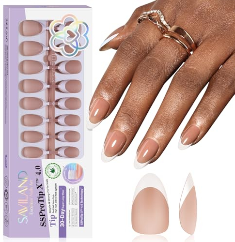 SSProTip 150PCS French Tip False Nails: Thicker Press on Nails Short Almond Chip-Free & Strong False Tip 15 Sizes Soft Gel French Stick on Nails for Women & Girls Quick Home DIY