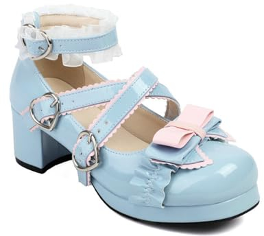 JIFAENY Dreireihige Schnalle Schleife im Lolita Stil Süße Mary Jane Schuhe Kreuzschnalle Dicker Absatz Flach 2024 Damenpumps-blau-42
