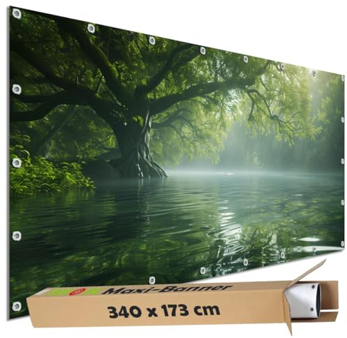 TRIOSK Sichtschutz Garten Dekoration Plane groß mit Motiv Zauber Baum Wasser Nebel Fluss Motivbanner Blickdicht für Terrasse Zaun Gartenzaun Gartenposter PVC Zaunblende 340x173 cm