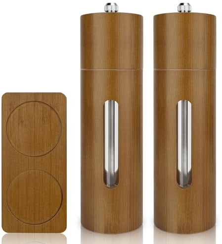 Wooden Salt and Pepper Grinder Set, 2 Piece Adjustable Coarseness Grinders with Ceramic Core, Pepper Mills with Storage Base and Acrylic Window, Spice Shaker for Salt/Chili/Sesame/Peppercorns (Brown)