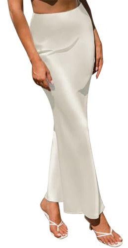 Women Satin Silk Skirt A Line Elastic High Waist Ruffle Long Maxi Skirt Solid Color Mermaid Skirt Formal Evening Party Skirts White S