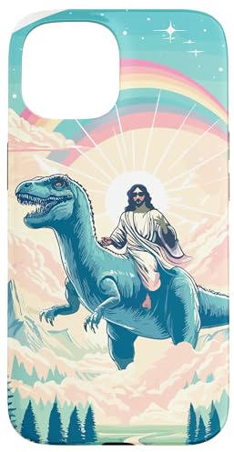 Hülle für iPhone 15 Humorvoller christlicher Jesus prähistorischer Dino Reiten
