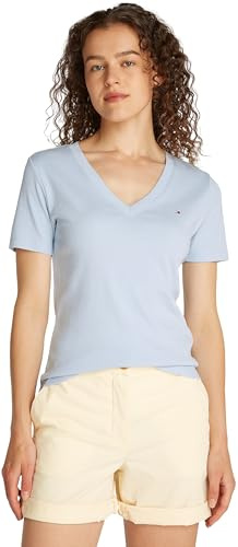 Tommy Hilfiger Camiseta de Manga Corta Mujer New Slim Cody con Cuello de Pico, Azul (Breezy Blue), XXS