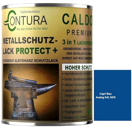 Contura 3in1 Rostschutzfarbe Metallschutzlack Seidenmatt RAL Metall Lack Farbe Grundierung (RAL 5019 (Intern: Capriblau), 1 Liter)