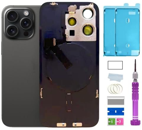 15 Pro Max Back Glass Replacement with Plate & Flex Cable and All Parts for iPhone 15pro Max Back Cover Glass (Black Titanium, 6.7 Inch) + Waterproof Tape + Repair Tools (Black Titanium)