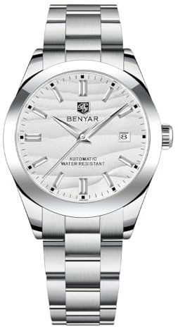 BENYAR Herren Automatikuhr 40MM Zifferblatt 50M Wasserdicht Leuchtzeiger mit Datum Klassische Edelstahl Herrenuhr(Weiß)