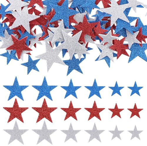 JJUNW 100 Stück Glitter Schaumstoff Aufkleber, Bunt Sternaufkleber Selbstklebend Moosgummi Sterne Glitter Schaumstoffaufkleber Abziehbilder für DIY Basteln Wand Deko Party Deko (Rot+Blau+Weiß)