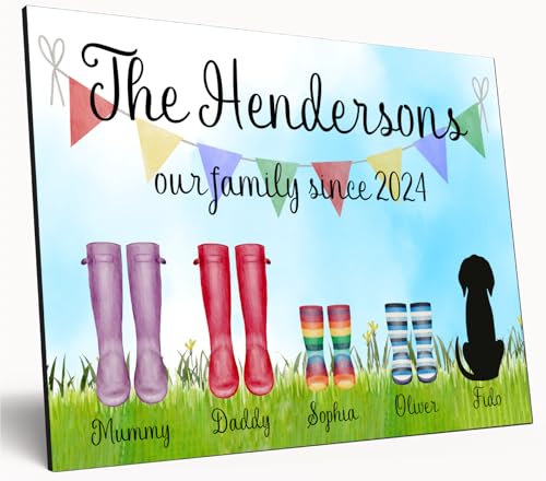 Personalised Family Welly Boot Sign Custom Wooden A4 Plaque Cute Watercolor Wall Art with Pets Kids Names (5 Boots)