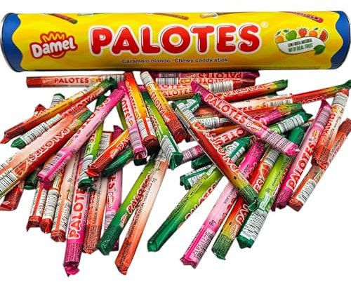 Palotes Tubo 50 unidades - 5 Sabores Surtidos: Fresa - Sandia - Naranja - Manzana - Melocoton - Palotes Damel Surtidos
