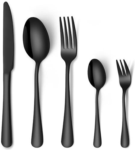 HONKKU Besteck Set 6 Personen, 30 Teilig Schwarz Besteckset mit Messer Gabel Löffel, Essbesteck Set Edelstahl Spiegelpoliert, Spülmaschinenfest