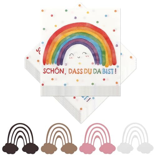 lafo 40 Servietten Regenbogen + 50 Konfetti Servietten Geburtstag Kindergeburtstag Deko Schön Dass Du Da Bist, 3-lagige Tischdeko für Taufe Kommunion Einschulung,33x33 cm (Regenbogen)