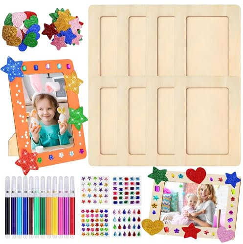 8 Stück Bilderrahmen Holz Set - Kinder Holzbilderrahmen Bilderrahmen Bastelset 20x15cm DIY Holzrahmen, mit 4 Sorten Glitzersteine 2 Sticker und 12 Aquarellstift, für Deko, Bemale für Geburtstage
