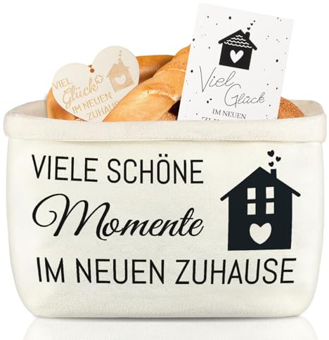 Brotkorb Stoff Geschenk zum Einzug, 3er Set Einweihungsgeschenk Haus | Stoff Brötchenkorb Brottasche inklusive Herzschild und Glückwunschkarte für Neue Wohnung Umzug Zuhause als Umzugsgeschenk