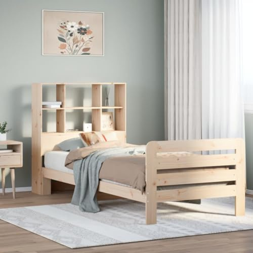 vidaXL bed frame with storage headboard - pine wood - modern single bed frame 90x200cm with slatted base for mattress - suitable for small bedroom spaces