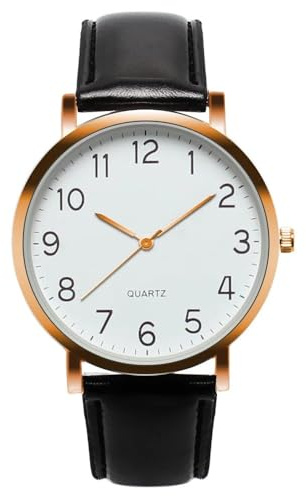 Montre à Quartz analogique Simple for Femme, Bracelet en Cuir Noir Classique, Cadran Rond Minimaliste, Chiffres Arabes, Bracelet en Alliage Vintage(Rose Gold)