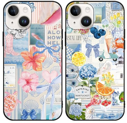 Vxinvnoi 2 Stück Handyhülle für iPhone 15 Plus Hülle, Collage Motiv Aesthetic Obst Blumen Bunt Sommer Muster Mädchen Case, Weich Silikon TPU Stoßfeste Schutzhülle Cover für iPhone 15 Plus 6,7,Schwarz