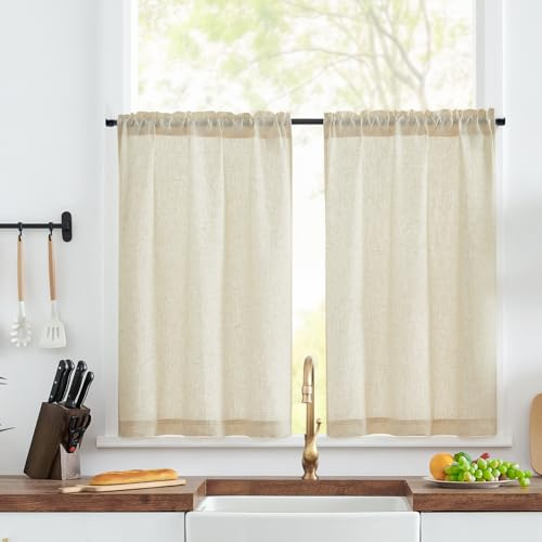 TOPICK Scheibengardinen Bistrogardine 2er Set Küchengardinen H90xB90 Beige | Blickdicht Scheibengardinen modern Leinenoptik Lichtdurchlässig Gardine für Küchenfenster kurz Vorhänge Küche Landhausstil