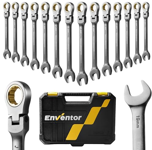Enventor Llaves Fijas con Carraca 14pcs, Cabezal Giratorio 180°, 6-19mm | Juego de Llaves Combinadas con Carraca, Acero Cromo Vanadio, Niquelado Negro, 90T, Arco de Giro de 4°, Caja